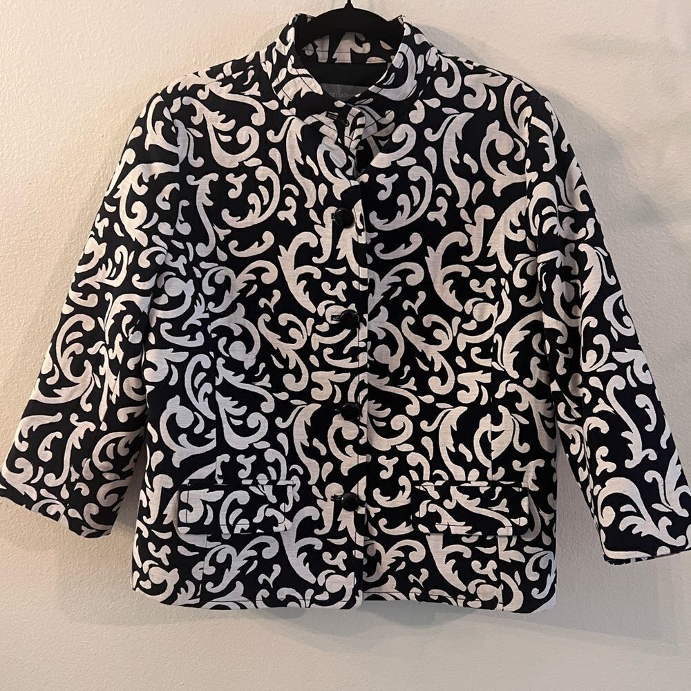Liz Claiborne Jacket Sz Large Black And White Button Front 3/4 Length Sleeve